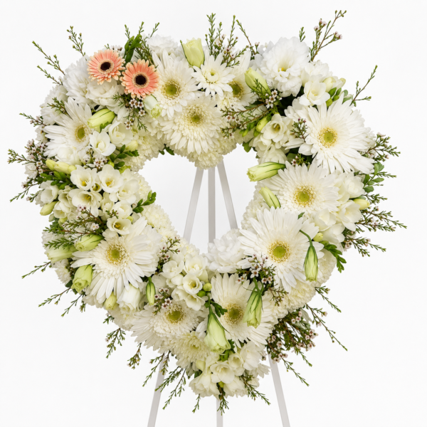 Corazón funerario de flores blancas con gerberas y crisantemos, montado sobre caballete