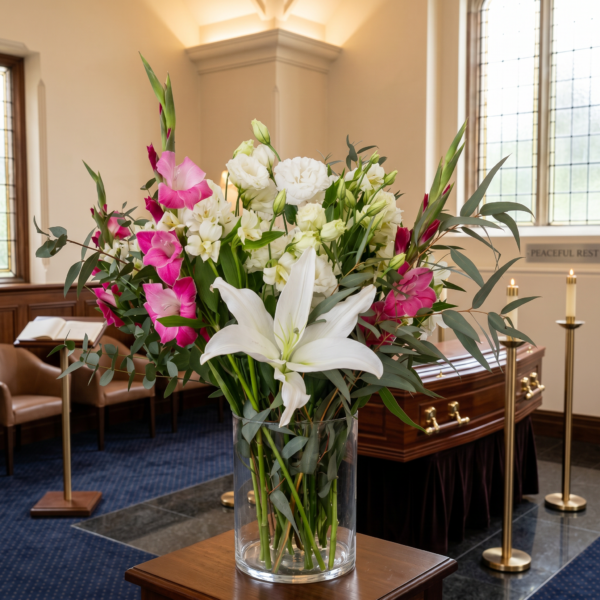 Florero de vidrio con lilium blancos y flores fucsia, ambientando una sala velatoria