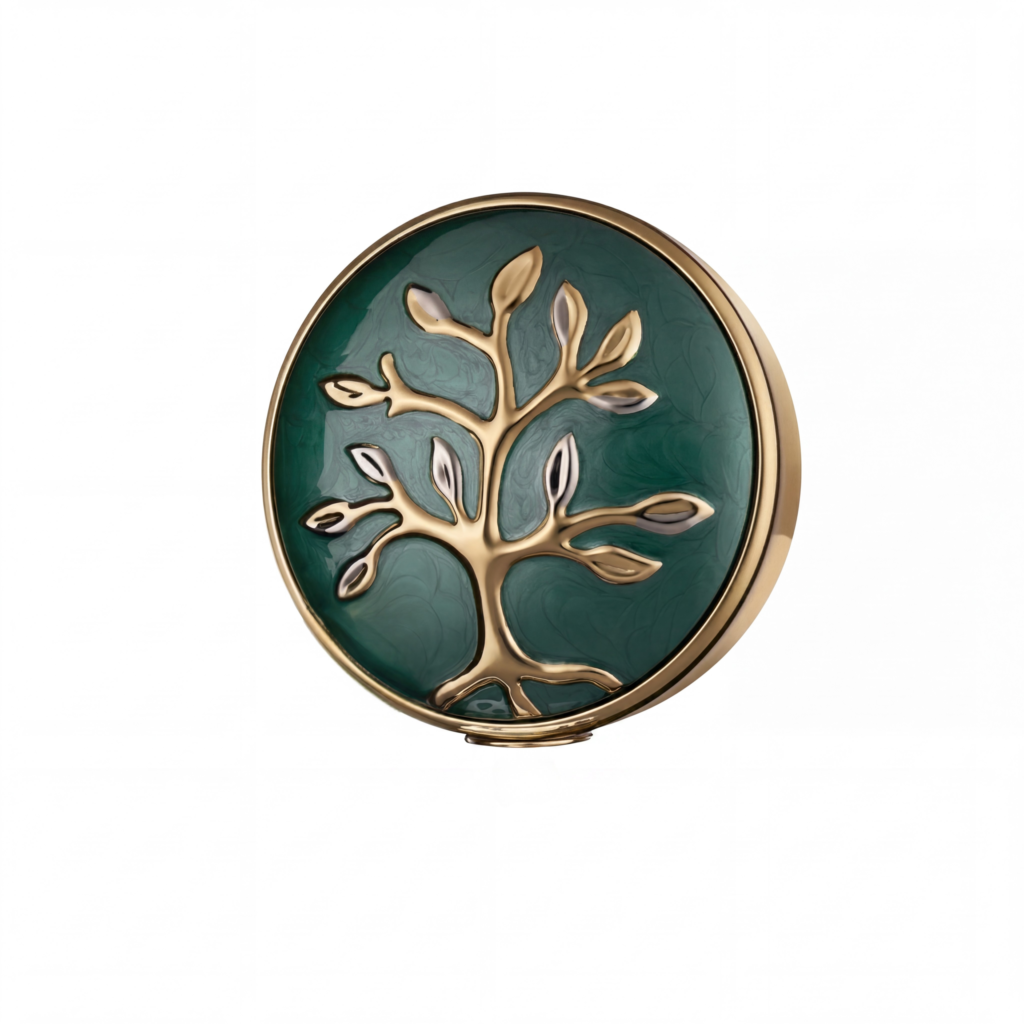 Urna Árbol de la Vida vista de frente, con el árbol grabado sobre fondo verde esmeralda