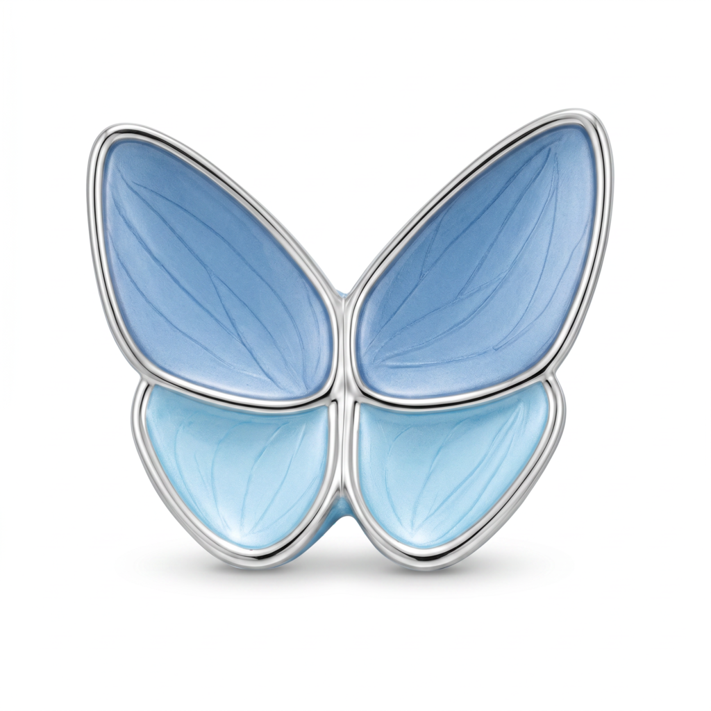 Urna mariposa Alas de Esperanza en tonos celestes con bordes plateados, vista frontal