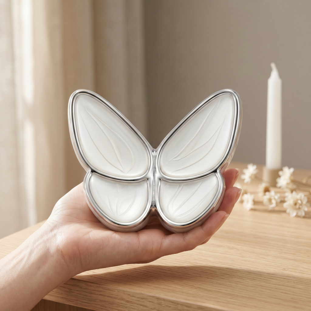 Mini urna mariposa blanca en la mano, apoyada sobre un mueble de madera clara