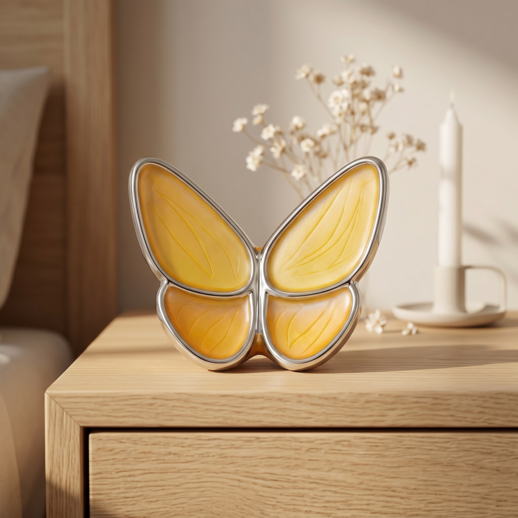 Mini urna mariposa amarilla sobre una cómoda, junto a una vela y flores secas