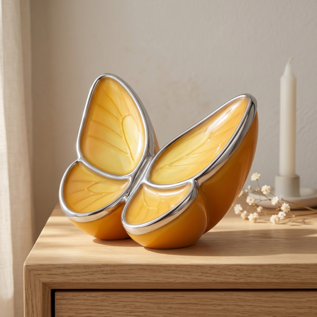 Mini urna mariposa amarilla ambientada sobre un mueble del hogar