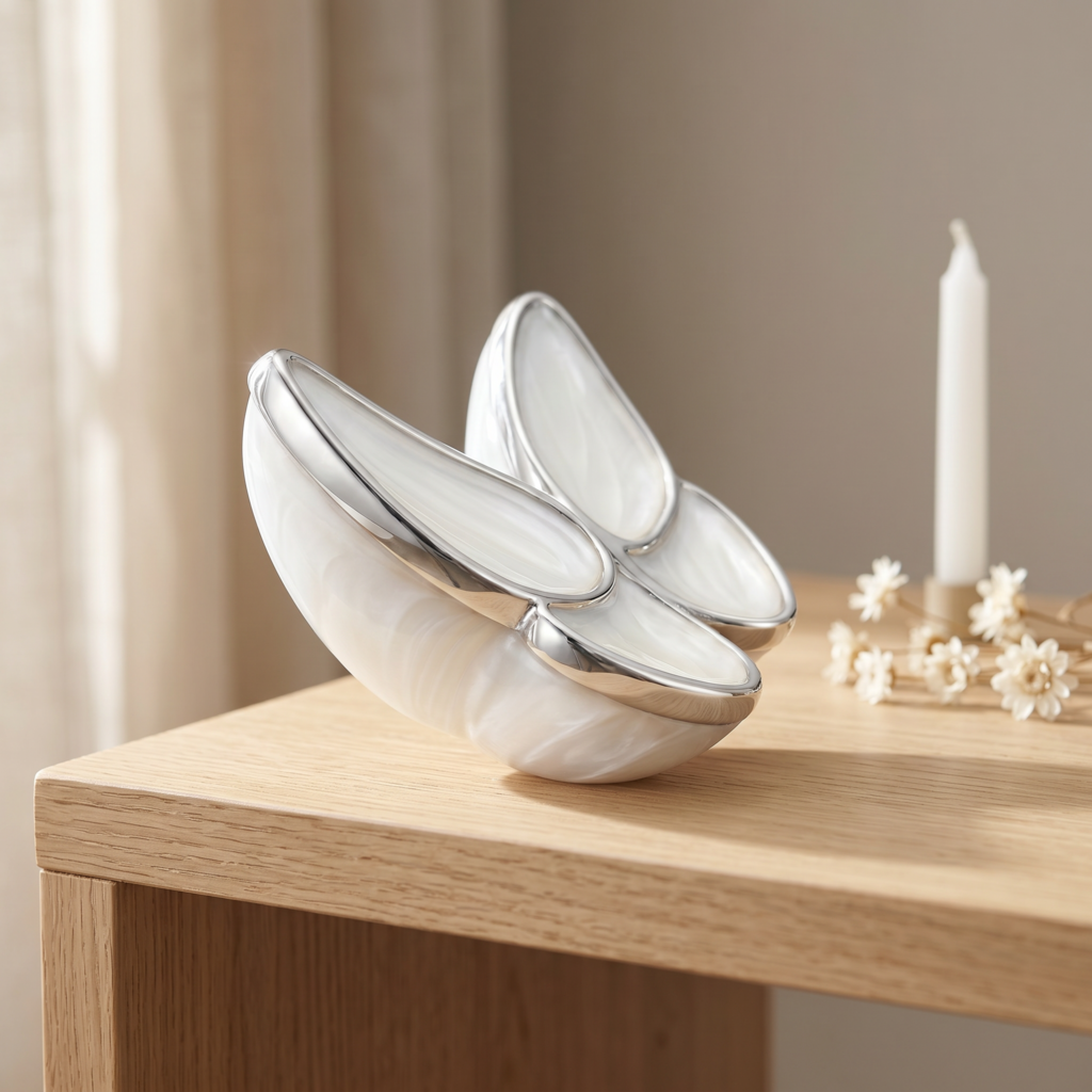 Mini urna mariposa blanca sobre un mueble de madera, junto a una vela