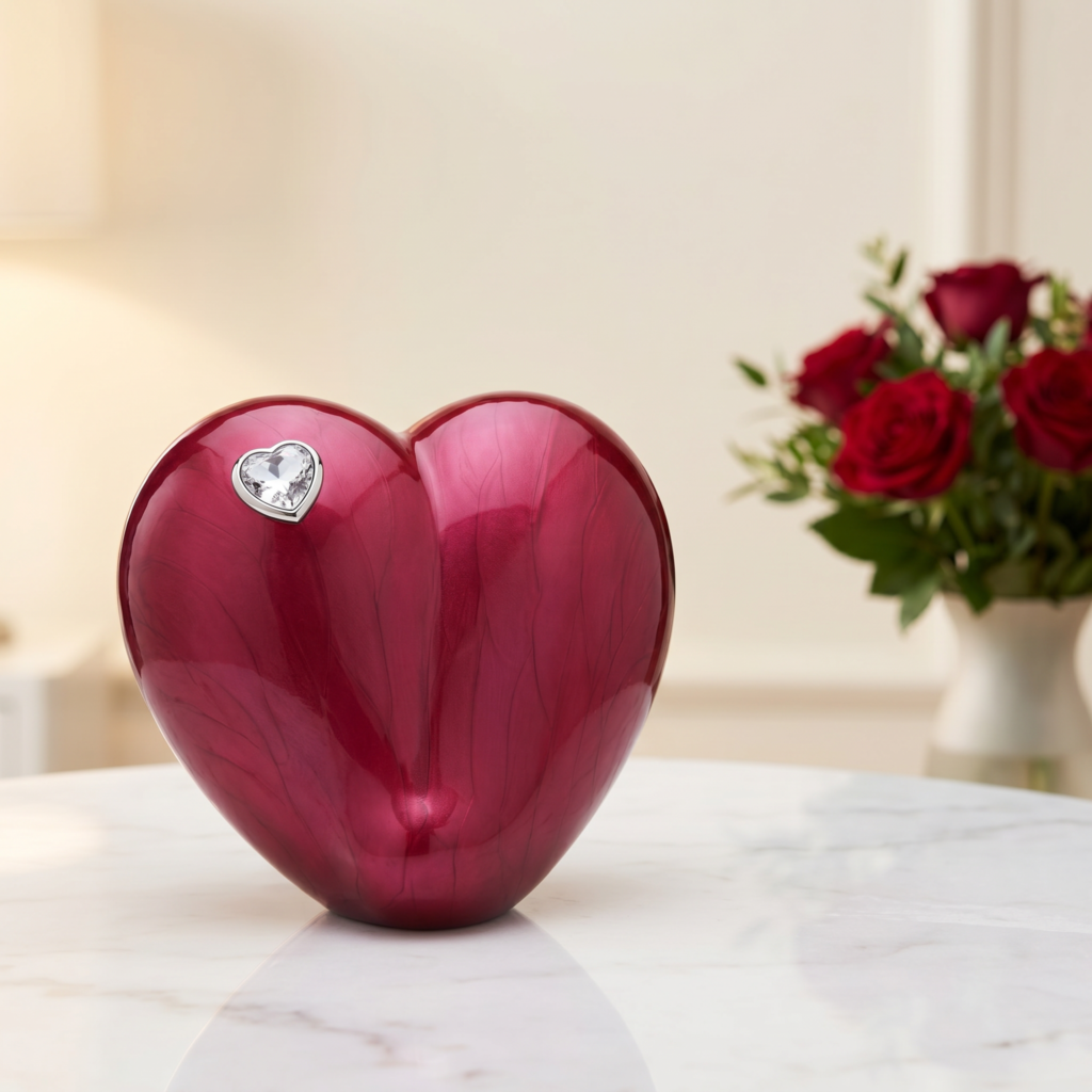 Urna corazón Eterno Rubí sobre una mesa de mármol, junto a un florero con rosas rojas