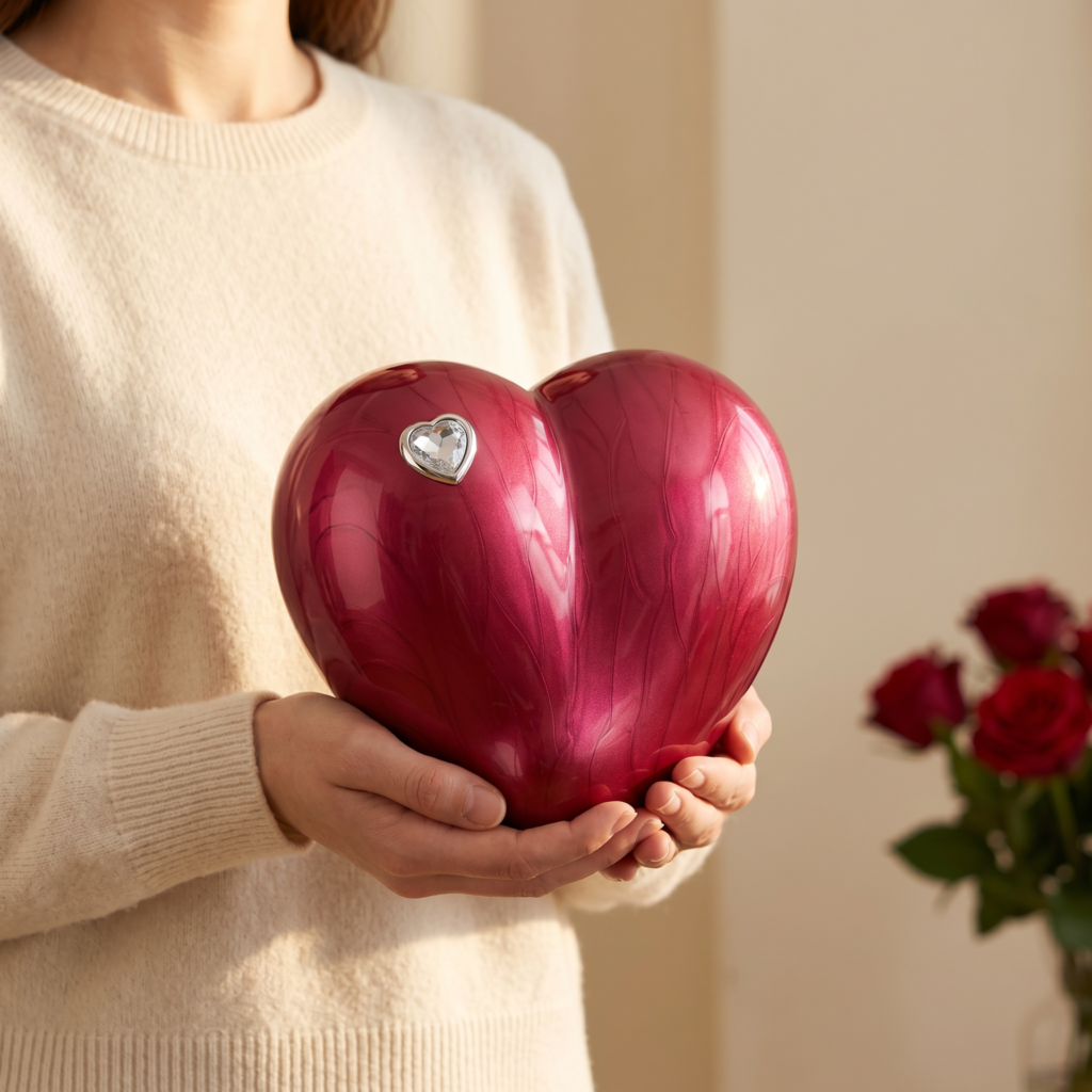 Urna corazón Eterno Rubí sostenida entre las manos, para ver su tamaño