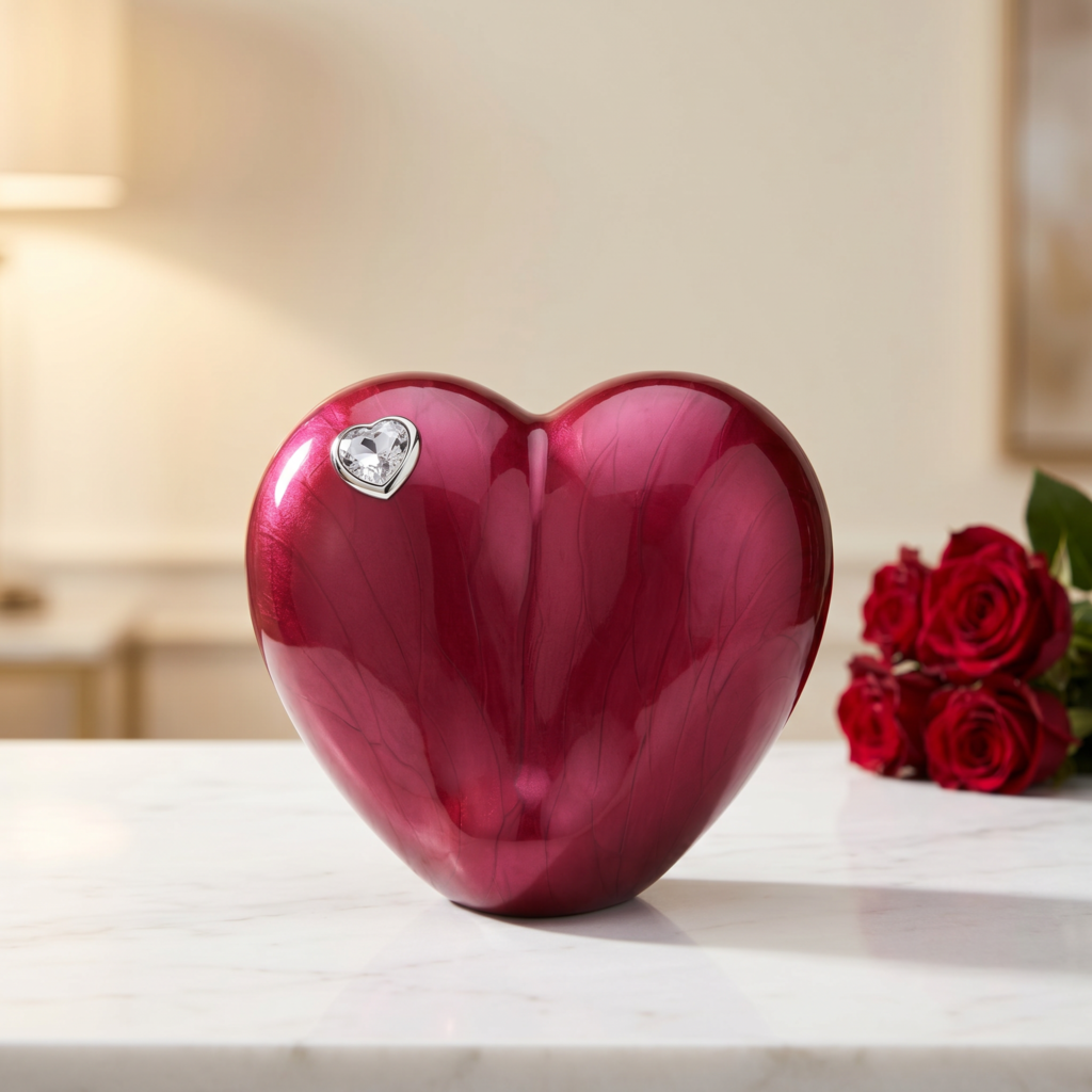 Urna corazón Eterno Rubí en un ambiente del hogar, con rosas rojas al lado