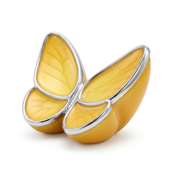 Mini urna mariposa Alas de Esperanza en amarillo con bordes plateados, vista de frente