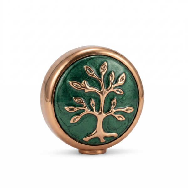 Urna Árbol de la Vida circular en cobre, con el árbol en relieve dorado sobre esmalte verde