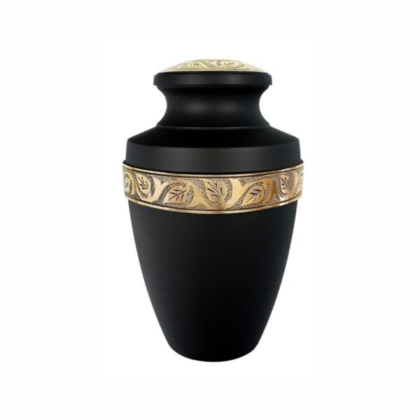 Urna Memorial de metal negro mate con banda dorada en relieve