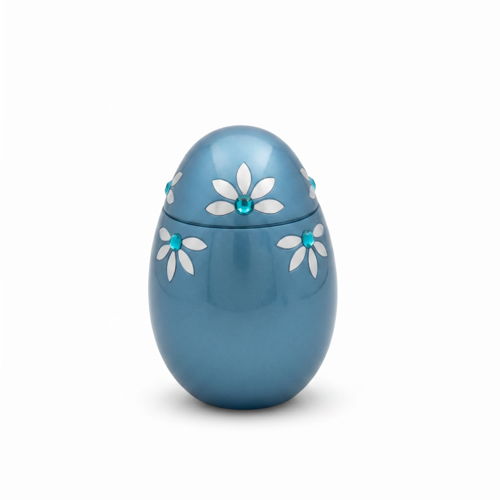 Urna Azur ovalada en azul turquesa con flores blancas pintadas y detalles en relieve