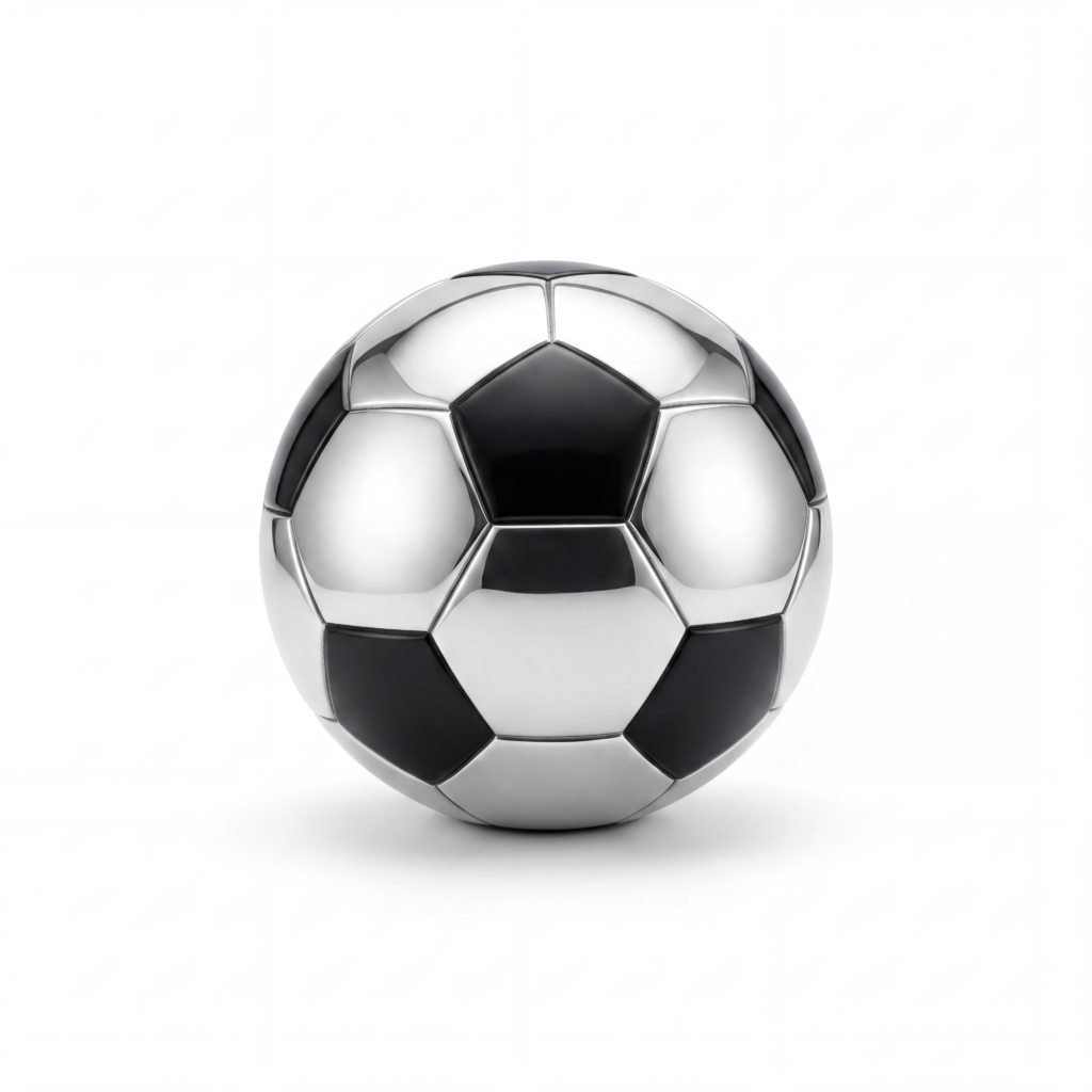 Urna Fútbol con forma de pelota en blanco y negro metalizado, sobre fondo blanco