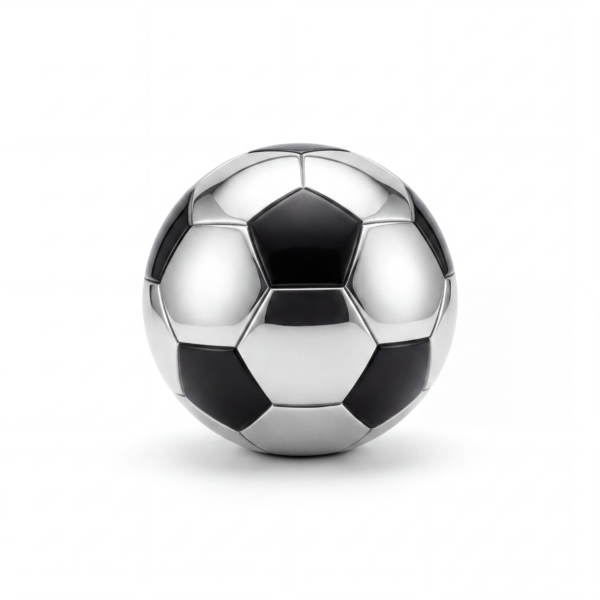Urna Fútbol con forma de pelota en blanco y negro metalizado, sobre fondo blanco