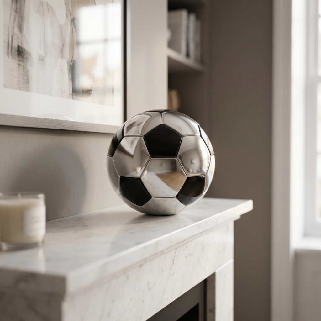 Urna pelota de fútbol apoyada sobre una repisa del hogar