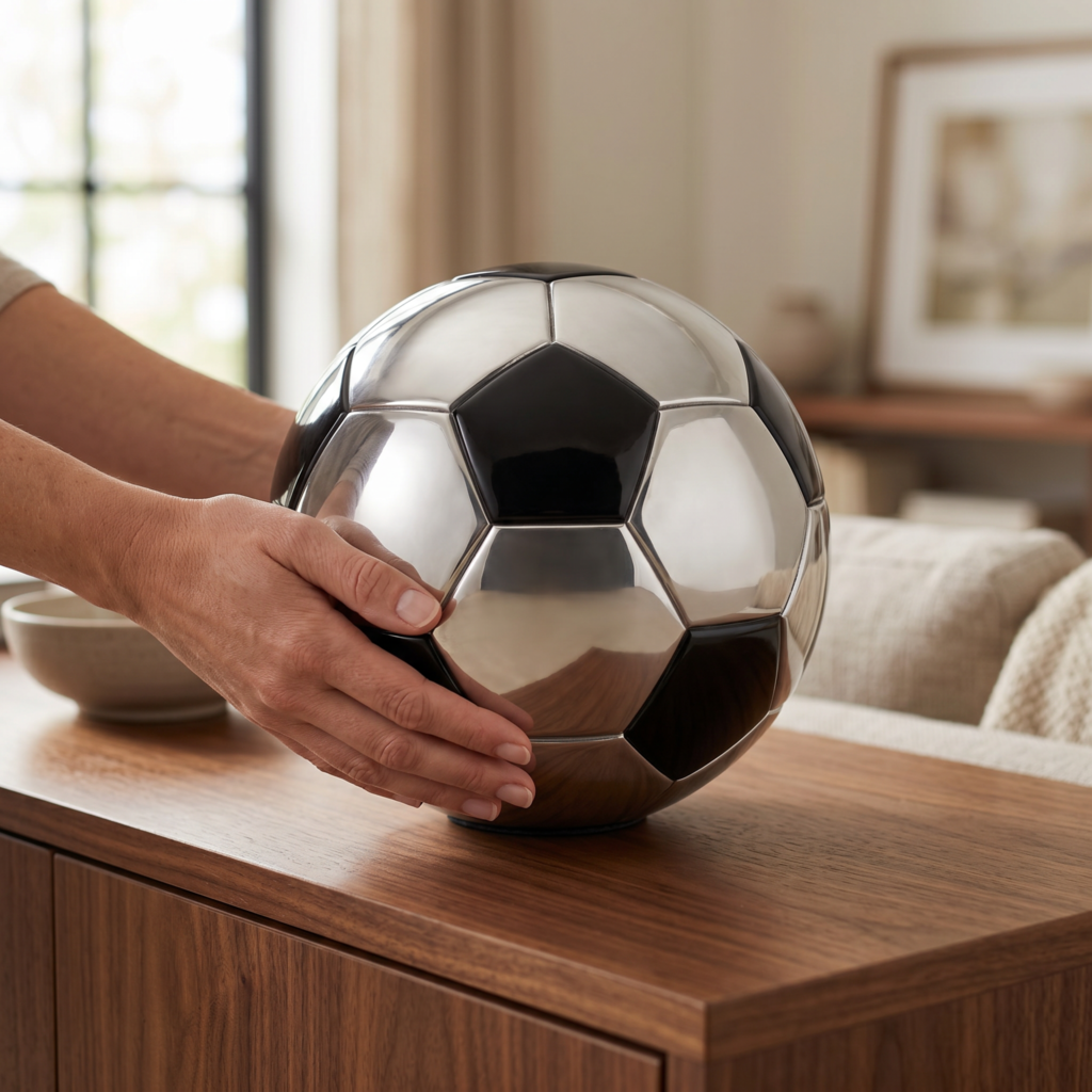 Urna pelota de fútbol colocada sobre un mueble de madera