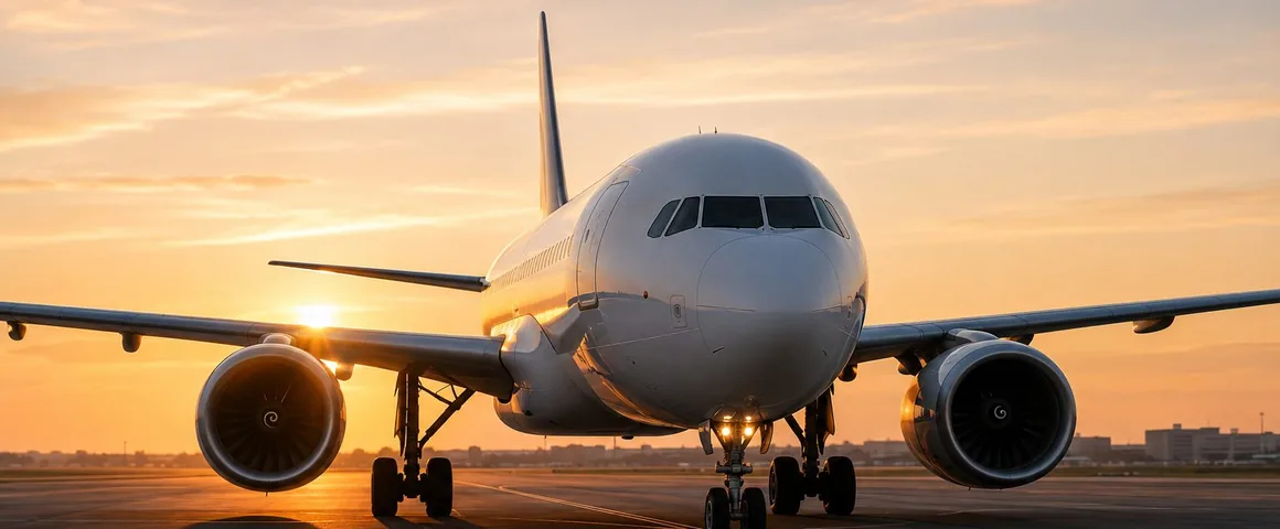 Avion en pista al atardecer, listo para un traslado aereo internacional